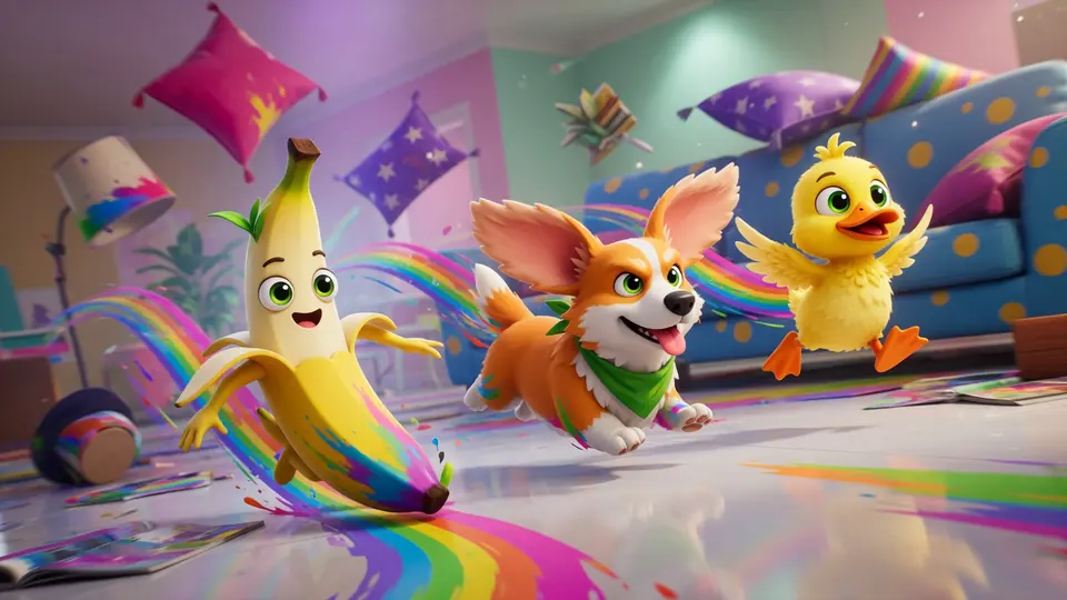 Banana, Corgi and Duck run from a rainbow paint trail