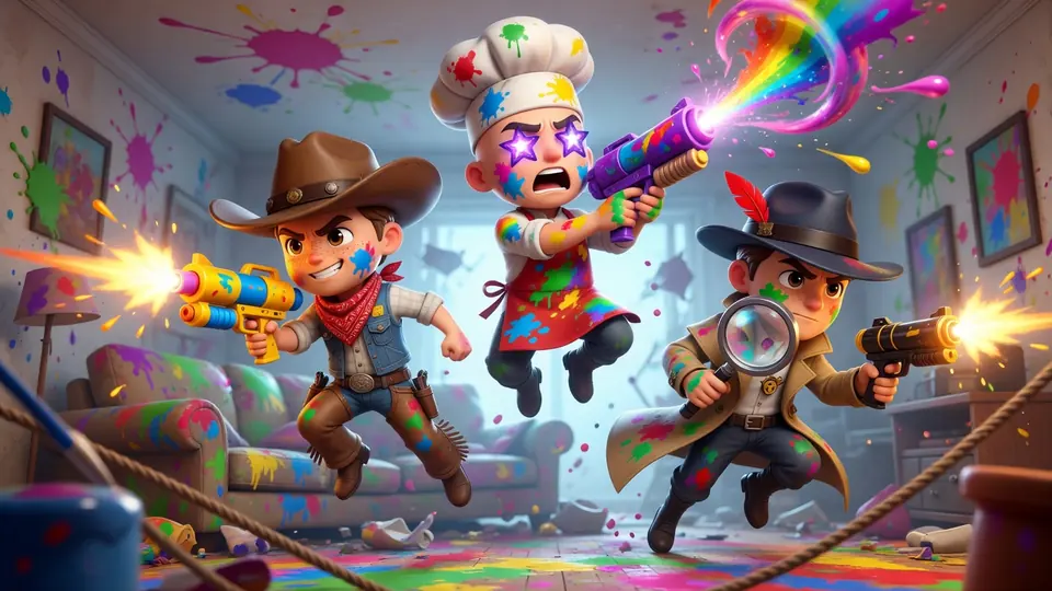 Chef, Cowboy and Detective charge through a paint-splattered room with toy paint blasters