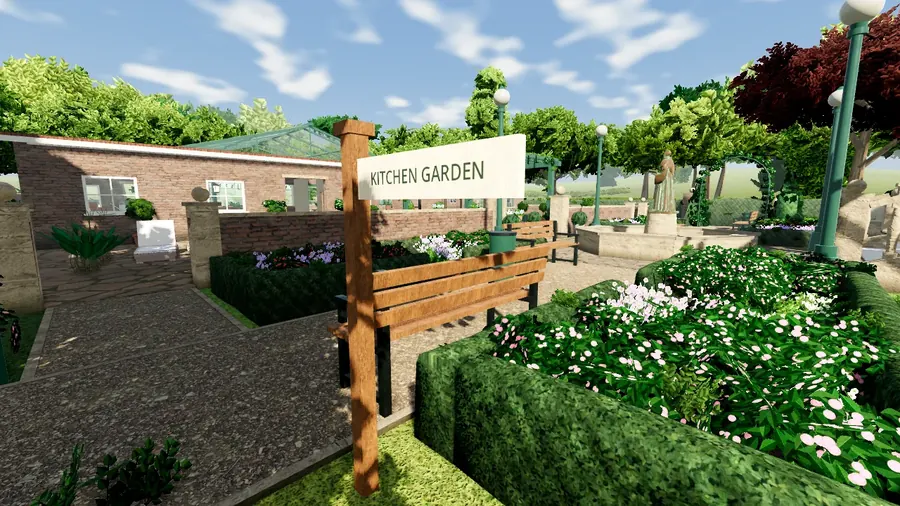 The Conservatory kitchen garden with a wooden sign