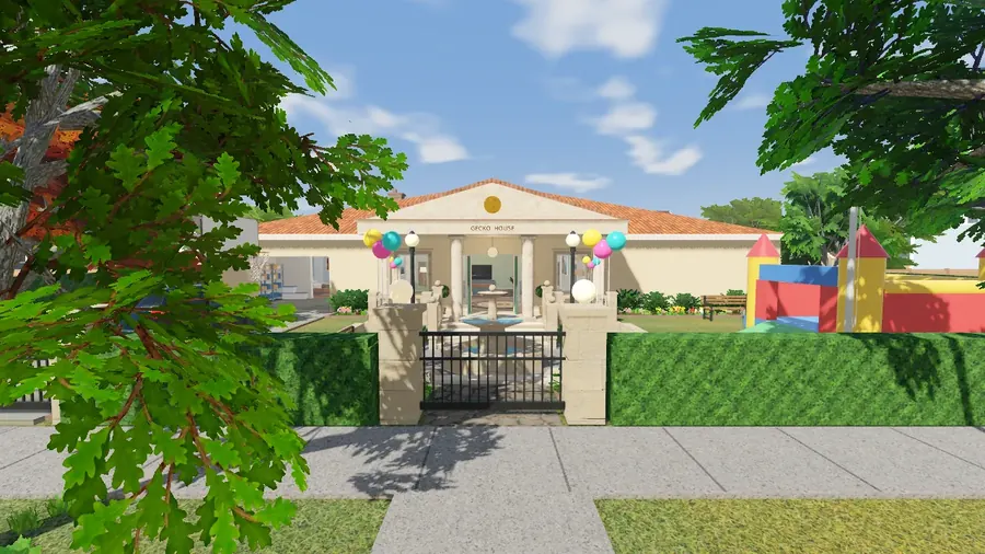 Gecko House front gate and bounce castle